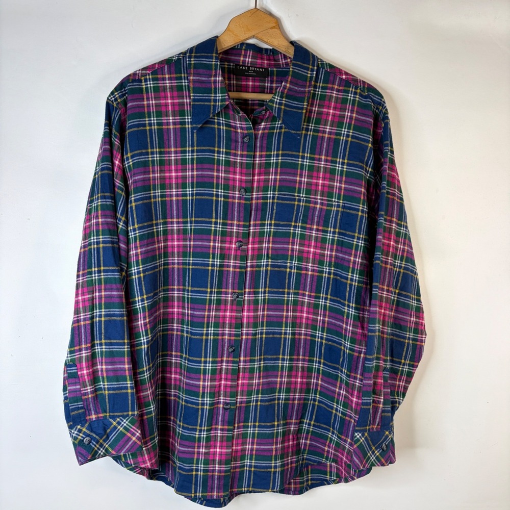 Lane Bryant Button Down Shirt Womens 18/20 Blue Pink Plaid Metallic Shimmer